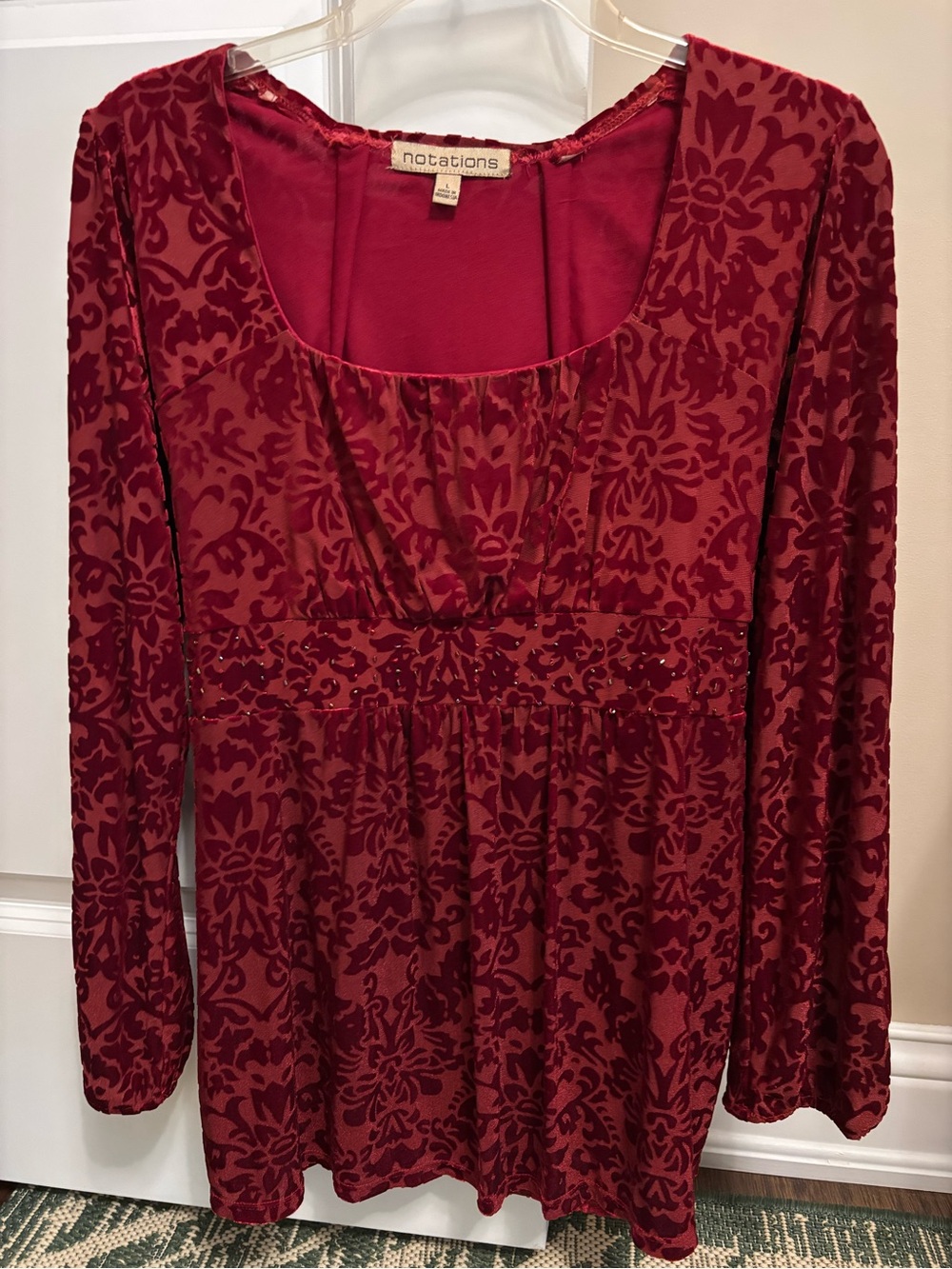 Notations Burgundy Velvet Burnout Long-Sleeve Scoop Neck Top